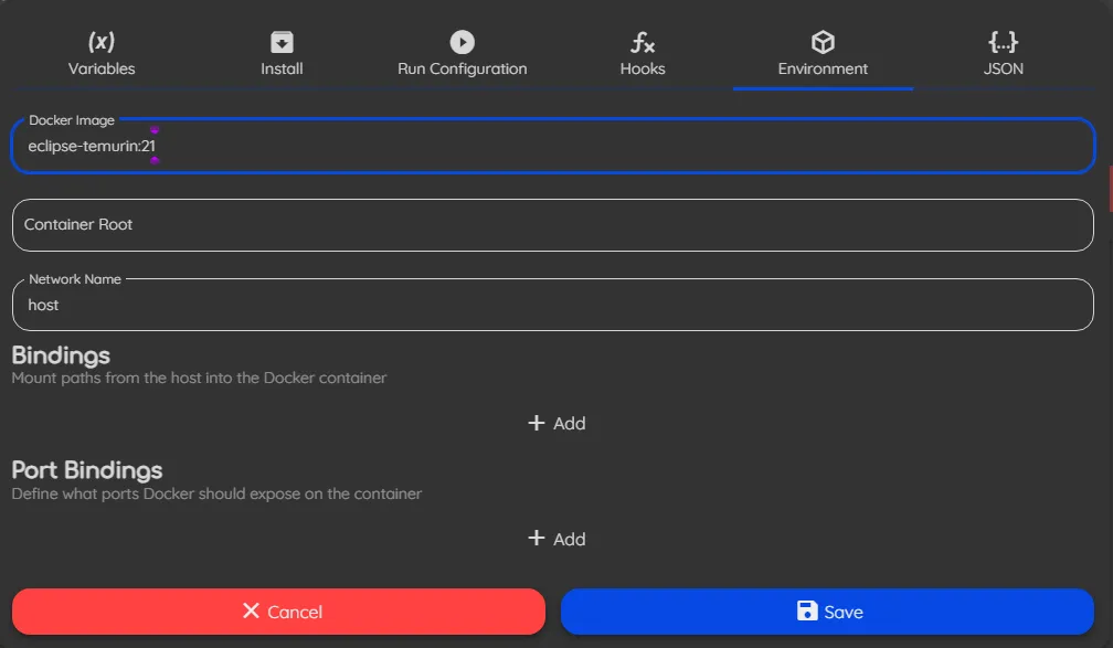 Pufferpanel Environment Tab